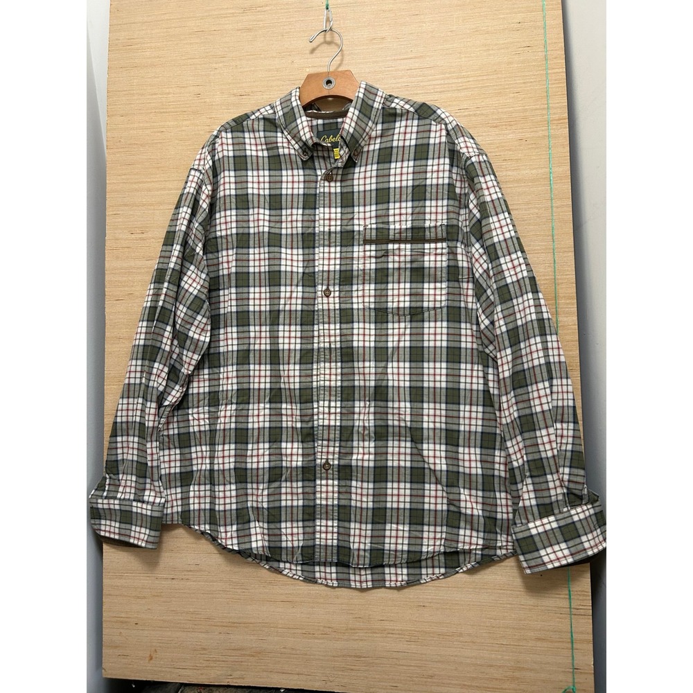 Cabelas Plaid Long Sleeve Button Down Shirt Men's XL REG Green Brown White Red